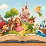 Ilustración infantil en formato horizontal de un libro abierto del que emerge un mágico mundo de cuentos con personajes fantásticos originales, un castillo, un hada, un pequeño aventurero, un pirata, una princesa, un lobo amistoso, árboles, flores y un sendero bajo un cielo azul, evocando la imaginación y la lectura infantil.