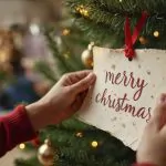 Mano colocando una bola de Navidad con el texto Merry Christmas en un árbol decorado.